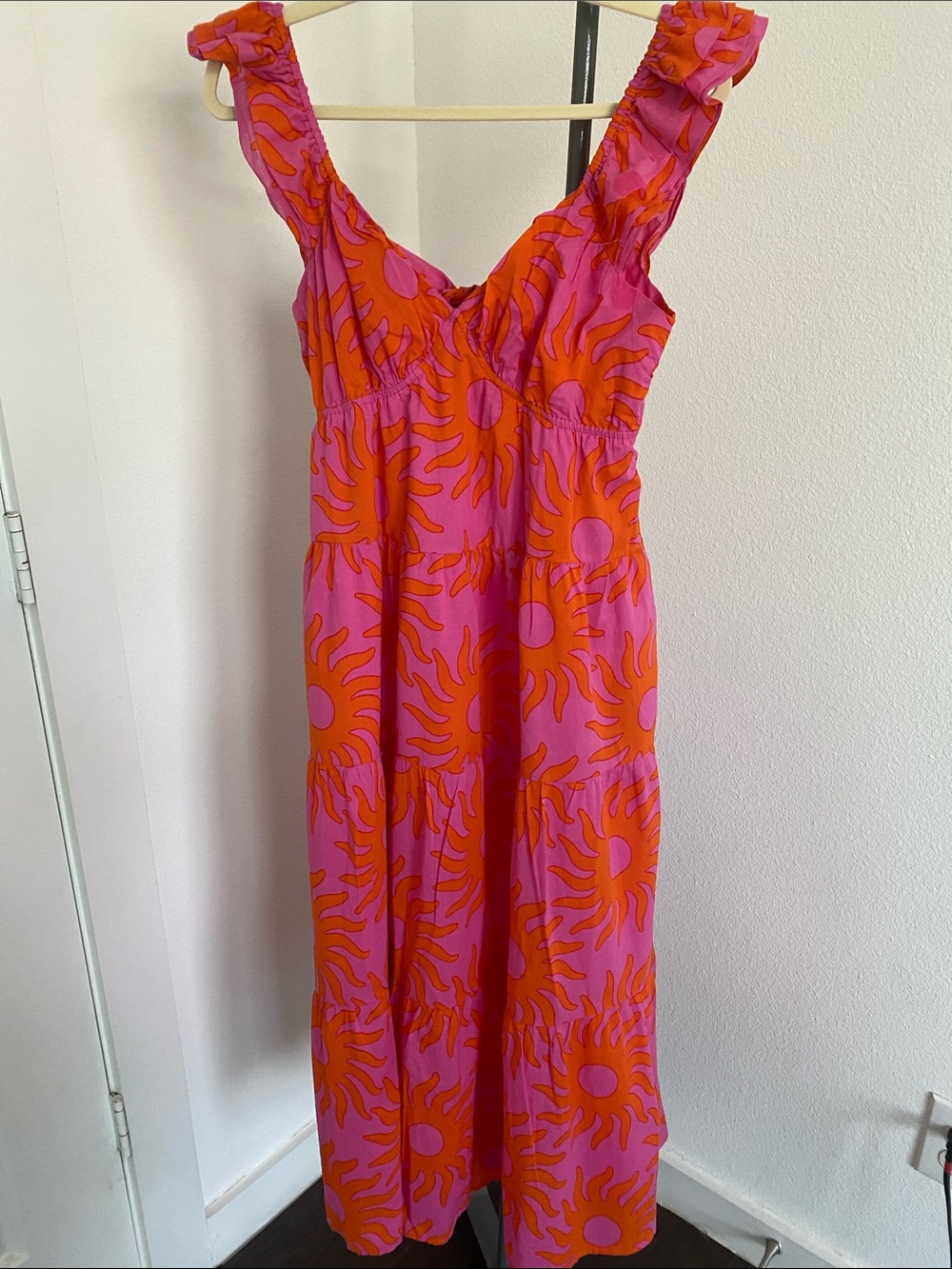 Pink & Orange Sun Motif Maxi Dress with Ruffled Straps